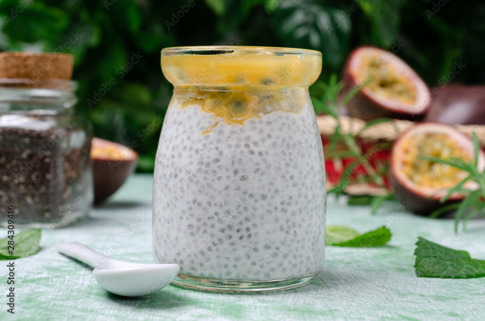 Dairy dessert with chia seeds and passion fruit Dairy dessert with chia seeds and passion fruit