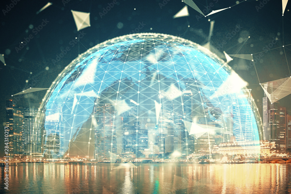 Φωτογραφία Double exposure of business theme hologram drawing and city veiw background