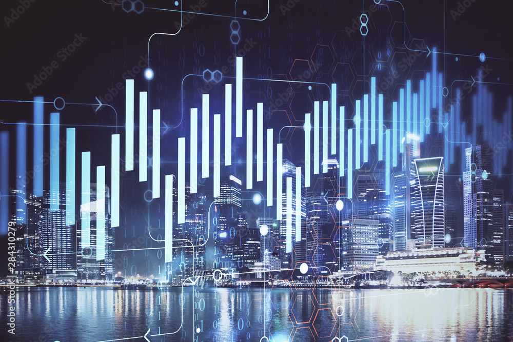 Financial chart on city scape with tall buildings background multi exposure. Analysis concept. Financial chart on city scape with tall buildings background multi exposure. Analysis concept.
