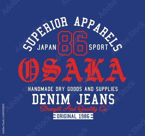 Osaka, Japan sport, typography, badge for t-shirt print. Varsity style t-shirt graphics. College, 
