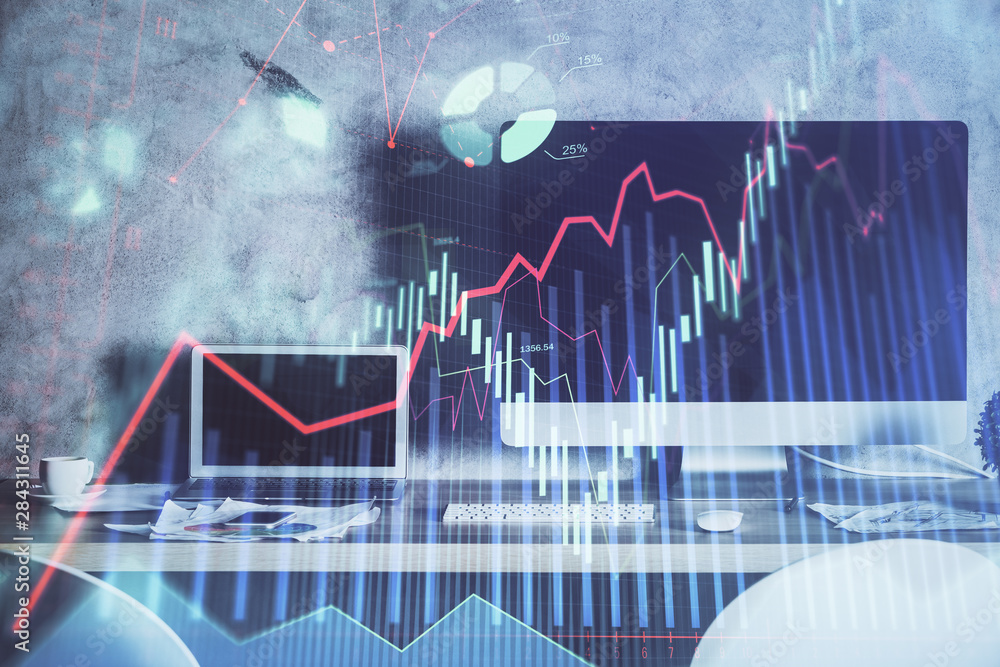 Double exposure of forex chart and work space with computer. Concept of international online trading. Double exposure of forex chart and work space with computer. Concept of international online trading.
