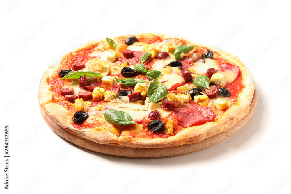 Pizza with sausage, meat, cheese, basil and olives isolated on white background