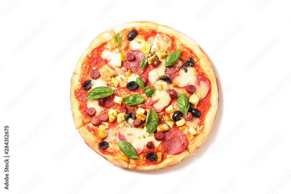 Pizza with sausage, meat, cheese, basil and olives isolated on white background