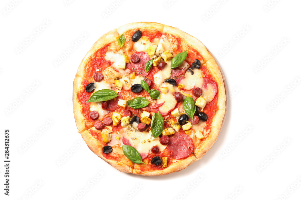 Pizza with sausage, meat, cheese, basil and olives isolated on white background Pizza with sausage, meat, cheese, basil and olives isolated on white background