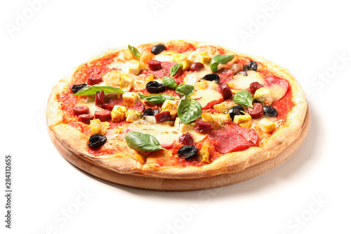 Pizza with sausage, meat, cheese, basil and olives isolated on white background