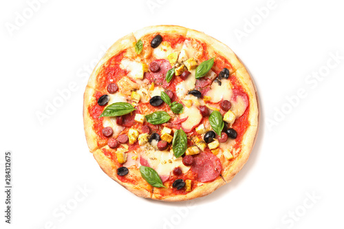 Pizza with sausage, meat, cheese, basil and olives isolated on white background