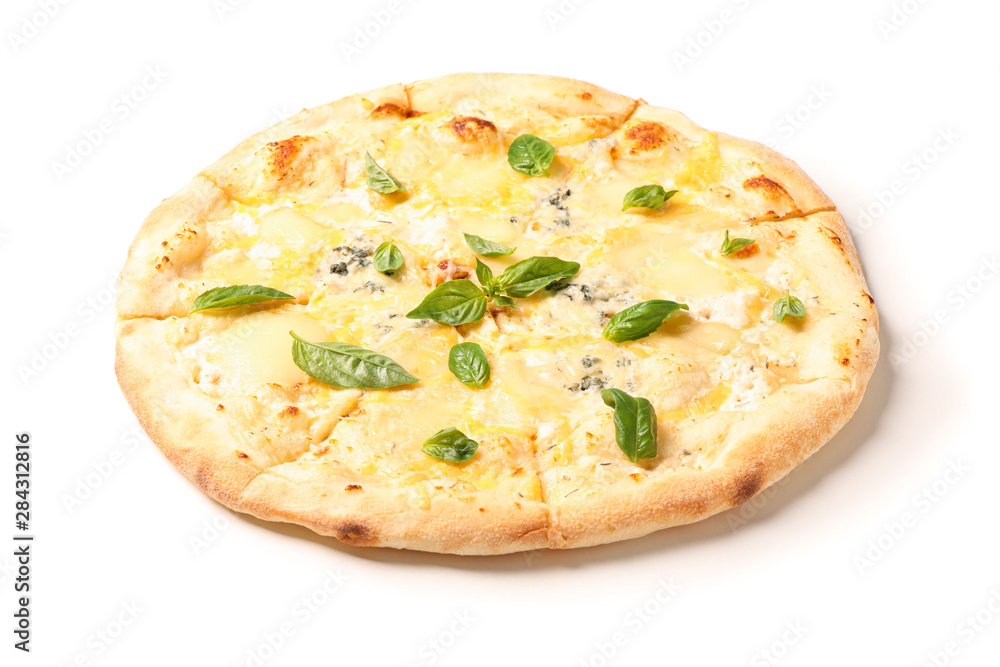 Tasty cheese pizza with basil isolated on white background Tasty cheese pizza with basil isolated on white background