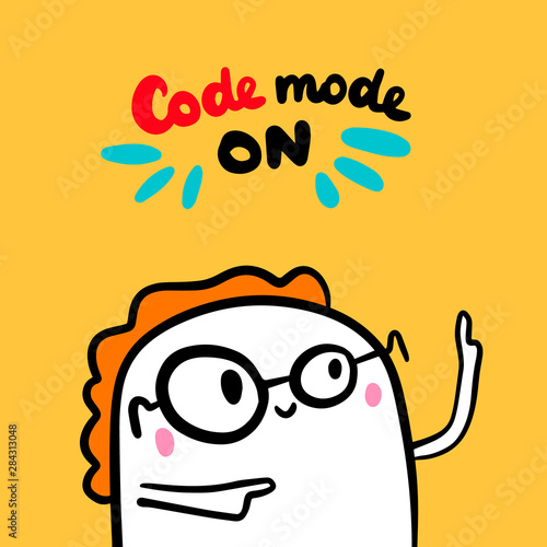Code mode on hand drawn vector illustration in cartoon style