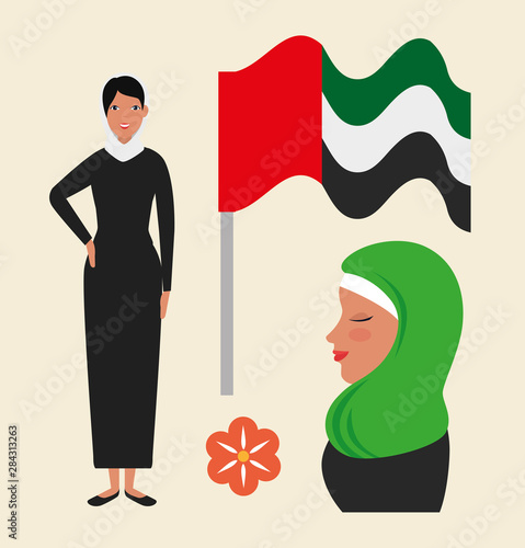 set of woman with traditional flag patriotic and flower