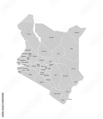 Vector isolated illustration of simplified administrative map of Kenya. Borders and names of the counties (regions). Grey silhouettes. White outline