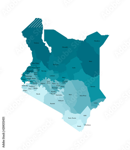 Vector isolated illustration of simplified administrative map of Kenya. Borders and names of the counties (regions). Colorful blue khaki silhouettes