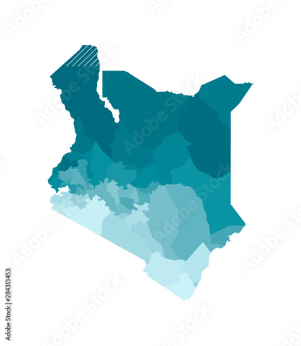 Vector isolated illustration of simplified administrative map of Kenya. Borders of the counties (regions). Colorful blue khaki silhouettes photo