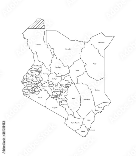 Vector isolated illustration of simplified administrative map of Kenya. Borders and names of the counties (regions). Black line silhouettes