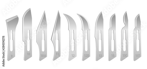Set of interchangeable blades for a surgical scalpel. Standard set of blades for removable handle number 3. Tools on a white background. Vector