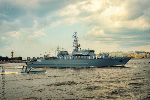 St. Petersburg  Russia  Celebrating Navy Day of Russia. Naval parade on the Neva River in St. Petersburg. Warship.