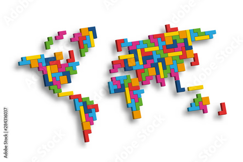 World map mosaic of 3D colorful tetris blocks. Vector illustration