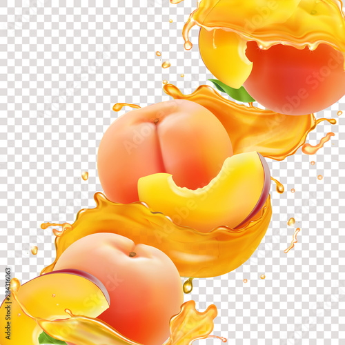Peach juice realistic splash with fresh peach fruit slice vector illustration