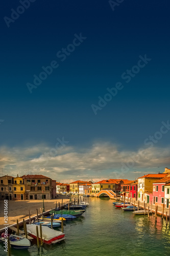 Beautiful island near Venice Murano at sunset and blue dark sky, Venice, Italy, summer
