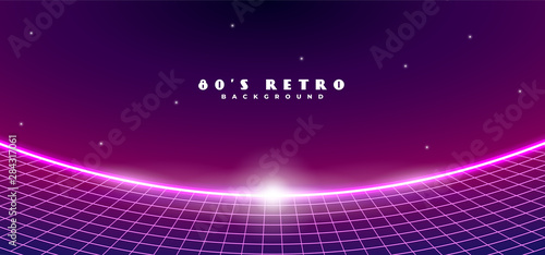 Retro futuristic 1980s style cyber space horizon background with landscape fish-eye effect camera view. 80s digital sci-fi surface grid. glowing neon line with bright sun light vector illustration.