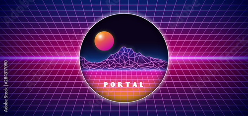 Futuristick 1980s style digital space isolated portal hole background. 80s space surface landscape view with grid background and glowing neon horizon vector illustration