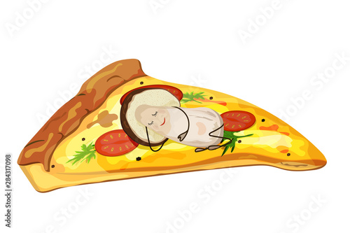 Slice of pizza with mushrooms. White mushroom sleeping on a piece of pizza