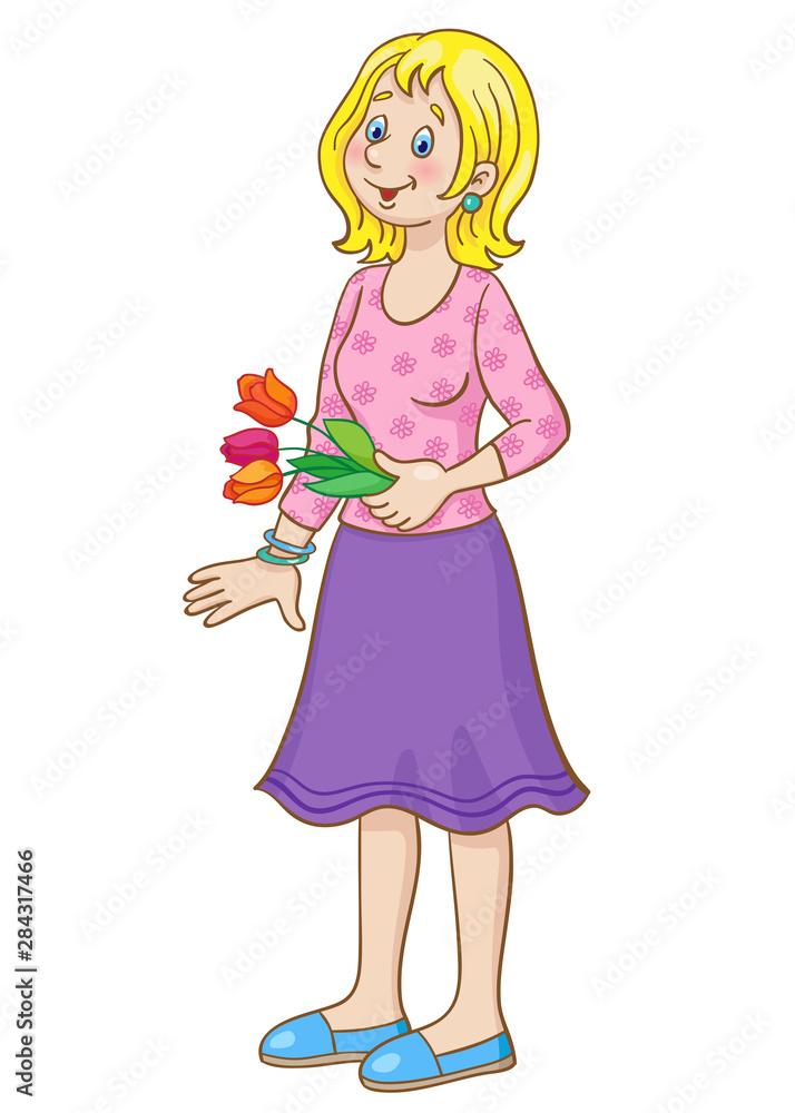 A young woman stands with a bouquet of flowers. In cartoon style. Isolated on white background. A young woman stands with a bouquet of flowers. In cartoon style. Isolated on white background.