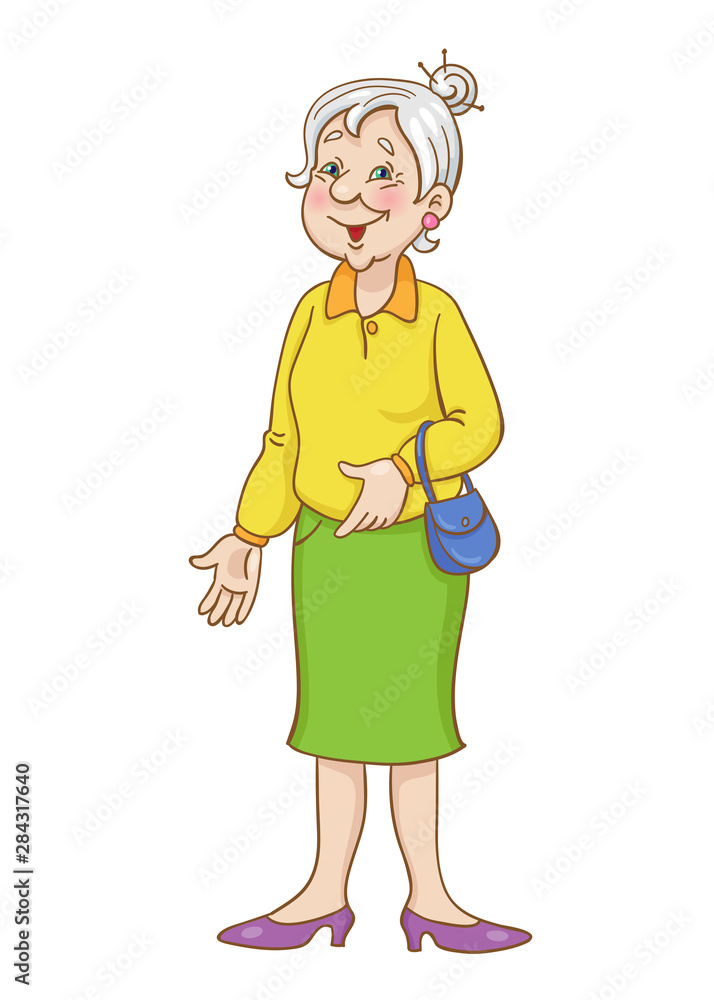 A pretty grandmother stands with a handbag in her hand. In cartoon style. Isolated on white background A pretty grandmother stands with a handbag in her hand. In cartoon style. Isolated on white background