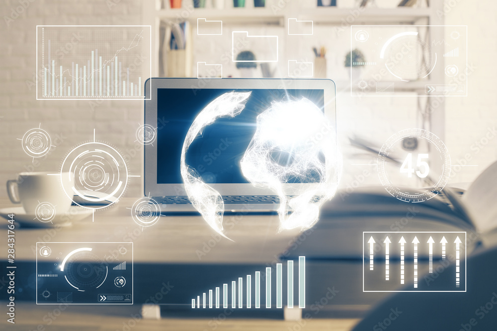 Financial chart drawing and table with computer on background. Double exposure. Concept of international markets. Financial chart drawing and table with computer on background. Double exposure. Concept of international markets.