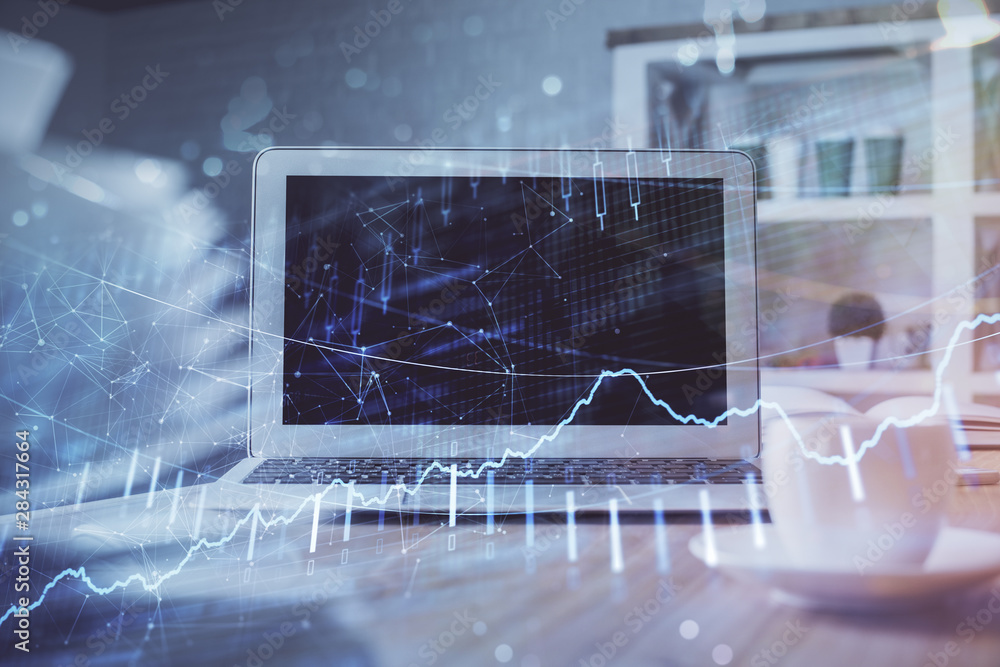 Stock market graph and table with computer background. Multi exposure. Concept of financial analysis. Stock market graph and table with computer background. Multi exposure. Concept of financial analysis.