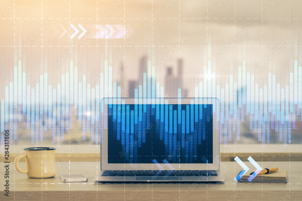 Stock market graph and table with computer background. Multi exposure. Concept of financial analysis. Stock market graph and table with computer background. Multi exposure. Concept of financial analysis.