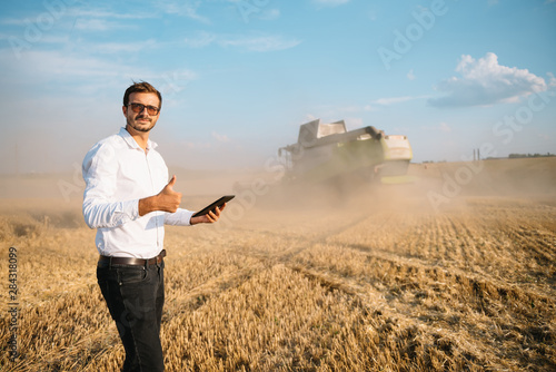 Happy farmer in the field checking corn plants during a sunny summer day, agriculture and food production concept