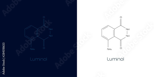 Structural formula of luminol on dark blue and white backgrounds.