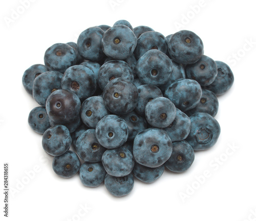 Blueberries fruit isolated on white background. Flat lay, top view