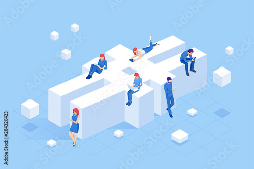 Isometric social network hashtag or hashtag blogging, Concept of hashtag for social media marketing advertising concept. Young people using mobile tablets and smartphones for sending posts and sharing