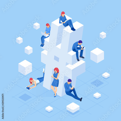 Isometric social network hashtag or hashtag blogging, Concept of hashtag for social media marketing advertising concept. Young people using mobile tablets and smartphones for sending posts and sharing