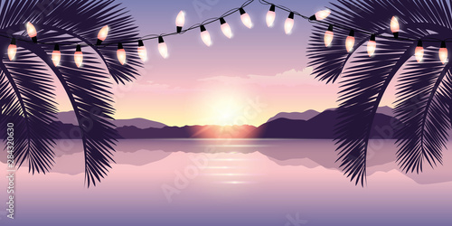 romantic sunset at paradise beach with fairy light vector illustration EPS10