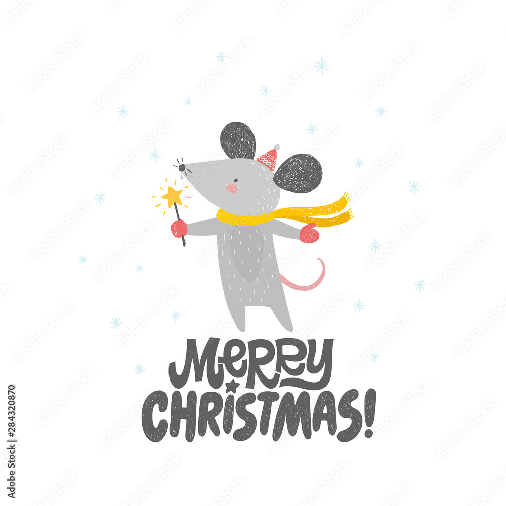 Fototapeta premium Merry Christmas card with cute rat, mouse. Happy New Year greeting card with handwrtitten lettering. Funny nursery illustration, childish design. Cartoon animal with scarf, hat and snowflakes.