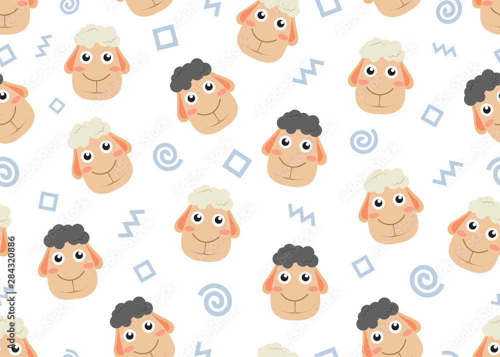 Seamless pattern of cute face cartoon black and white sheep with doodle shape background Seamless pattern of cute face cartoon black and white sheep with doodle shape background