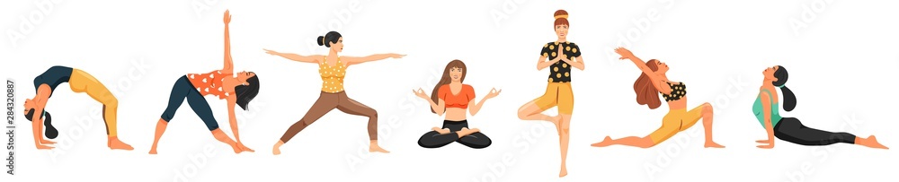 Young women practicing yoga. Set of cute girls doing various yoga posture. Cartoon vector illustration on white background. Young women practicing yoga. Set of cute girls doing various yoga posture. Cartoon vector illustration on white background.