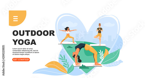Sporty women practicing yoga in the park. Girls standing in various poses. Website landing page design template. Vector.