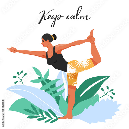 Sporty woman practicing yoga and standing in lord of the dance exercise. Girls doing Natarajasana yoga pose. Vector illustration on white background.