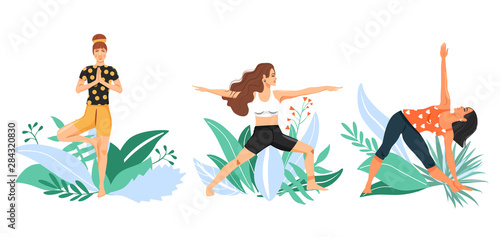 Young women practicing yoga. Set of cute girls doing various yoga posture. Composition with girls and leafs. Cartoon vector illustration on white background.