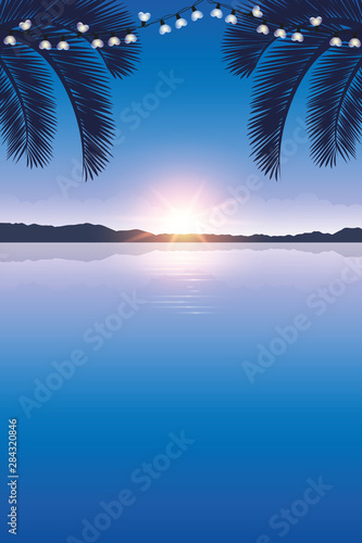 Fototapeta Naklejka Na Ścianę i Meble -  summer holiday design sea at sunset with fairy light and palm trees vector illustration EPS10