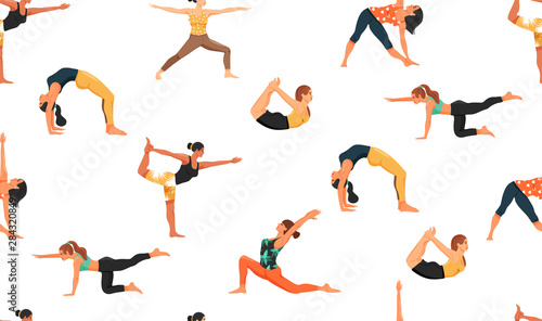 Seamless pattern with women in various yoga poses. Healthy lifestyle and yoga concept. Texture for textile, wrapping paper and packaging. Vector on white background.