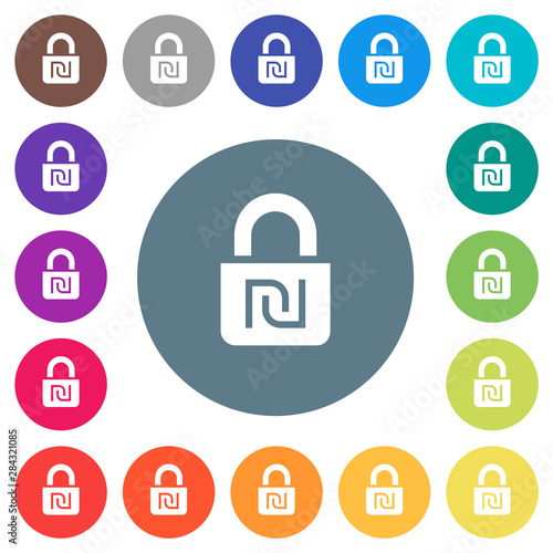 Locked Shekels flat white icons on round color backgrounds