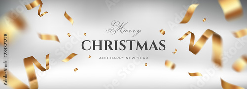 Merry Christmas white background design with golden ribbon decoration