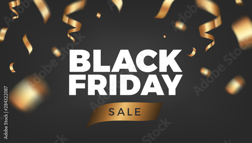 Black Friday background design with golden ribbon decoration