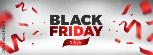 Black Friday Sale vector design. White background with flying red confetti ribbons and white text. Elegant festive decoration, web, email or print banner layout template