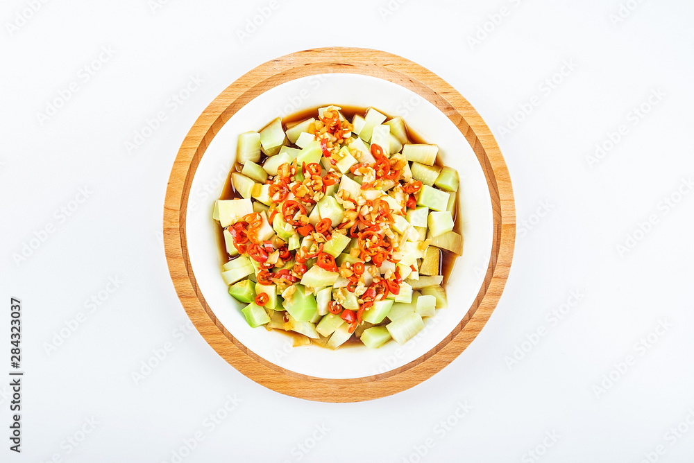 Chinese dish of sauteed kale root on white background Chinese dish of sauteed kale root on white background