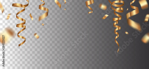 Golden ribbons vector design. Transparent luxury flying gold confetti in empty space. Elegant festive decoration for photo, gift card or web banner template